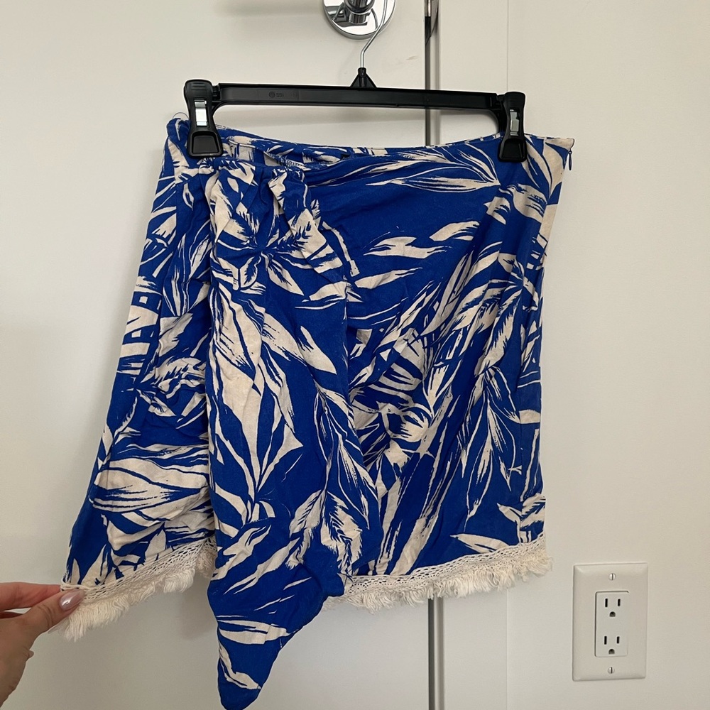 Zara Blue and White Tropical Wrap Skirt with Fringe Detail